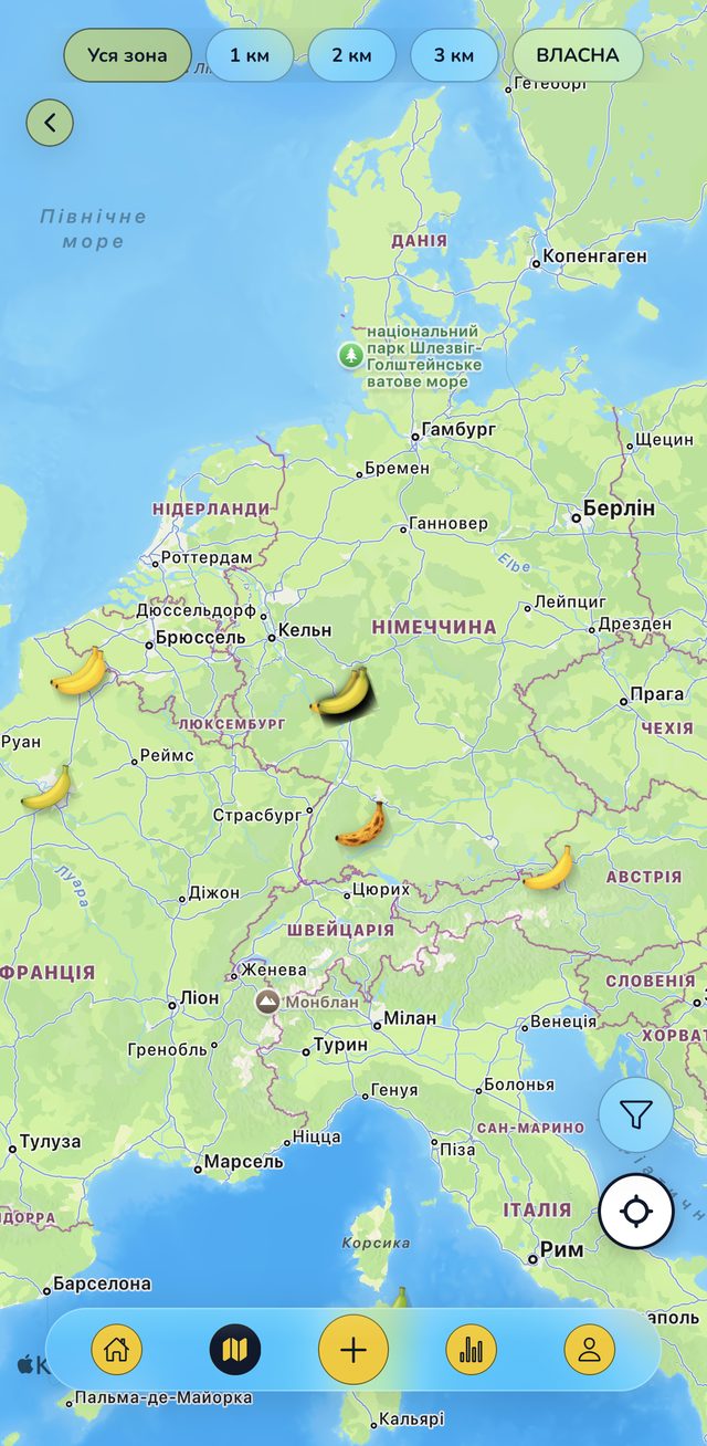 Map of Europe with banana markers where users rated
